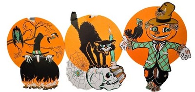 Vintage Beistle Halloween Die-Cuts Witch & Cauldron Black Cat Scarecrow Set of 3