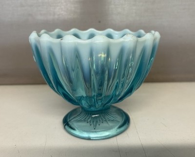 Vintage Davidson Blue Pearline Glas Fußschale Schale weiß opalisierender Rand sehr guter Zustand