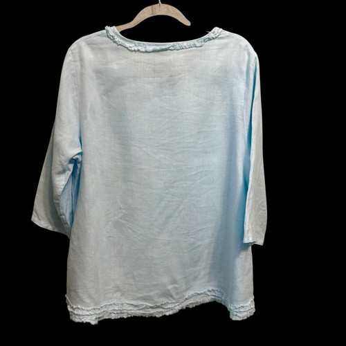 100% Linen Pullover Blouse 3/4 Sleeves Light Blue Ruffle Neckline & Hem Beachy - Picture 2 of 3