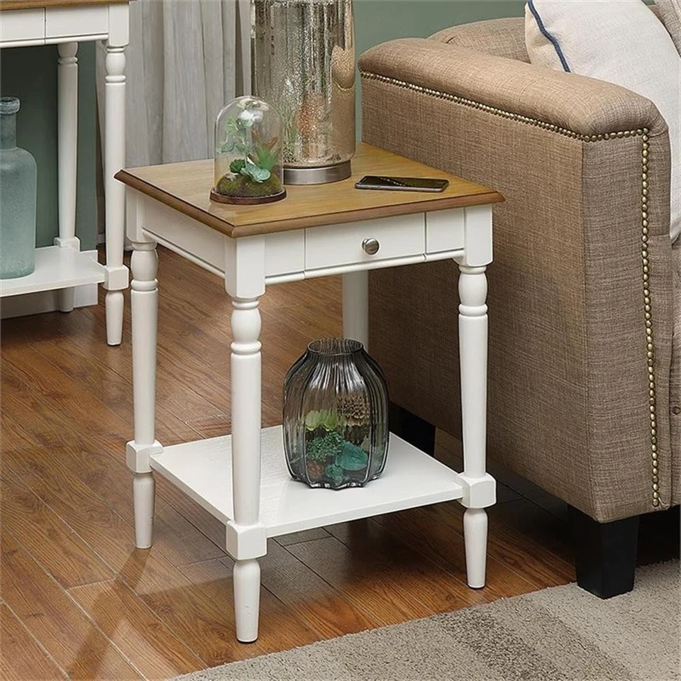 French Country End Table with Drawer and Shelf in Driftwood and White Wood - Image 2 of 4