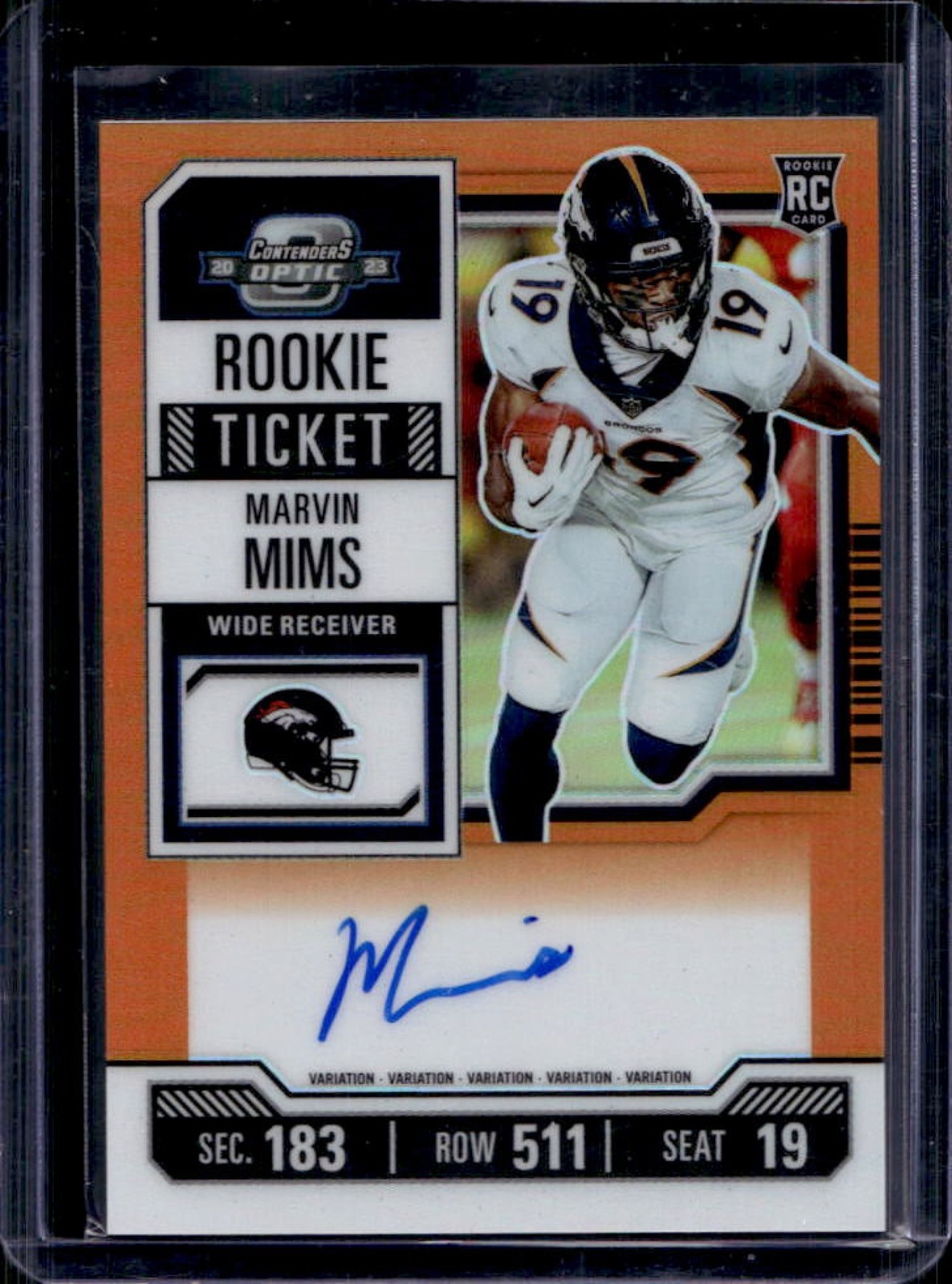 2023 Contenders Optic Marvin Mims Variation Orange Rookie Ticket Auto RC #23/35