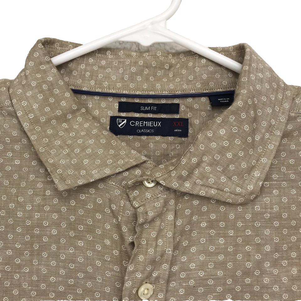 Cremieux Button Shirt Mens XX Slim Tan Geometric LINEN Pocket Short Sleeve Camp - Image 3 of 4