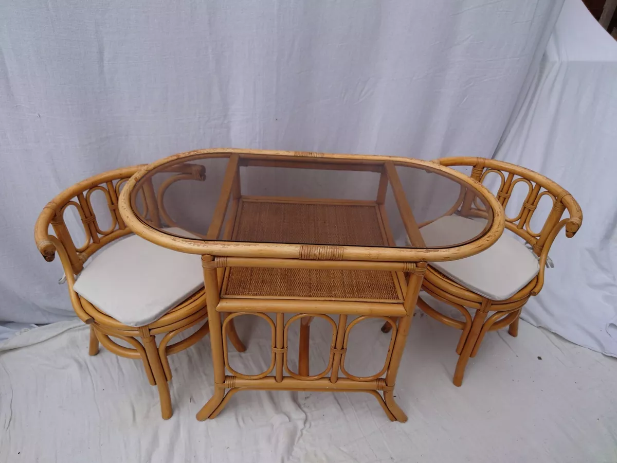 Vintage Bamboo Bistro Table And Chairs Set Wicker And Cane Patio Conservatory