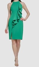 Vince Camuto Women's Green Laguna Crepe Bodycon Front-Ruffle Dress Sz 0
