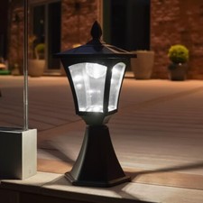 Solar LED Black Security Lantern Lamp Outdoor Garden Decking Post Base Light