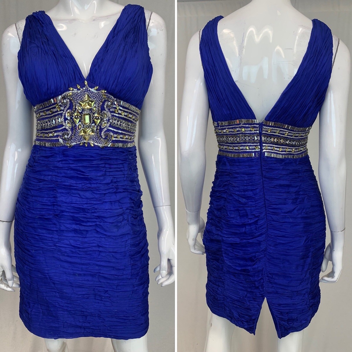 $340 Alberto Makali 8 Blue 100% Silk Ruched Gold Silver Embellished Sheath  Dress