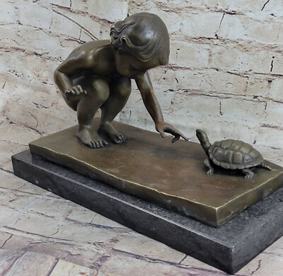 Handcrafted Signed Aldo Vitaleh Little Girl Playing with Turtle Bronze Figurine