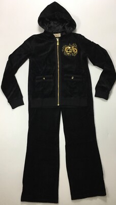 Christian Audigier Velour Tracksuit Hoodie Jog Set WJ0091 Black