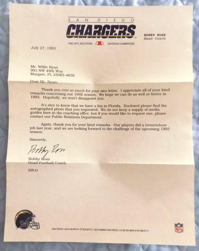 Bobby Ross Head Coach San Diego Chargers Facsimile Autographed Letter from 1993