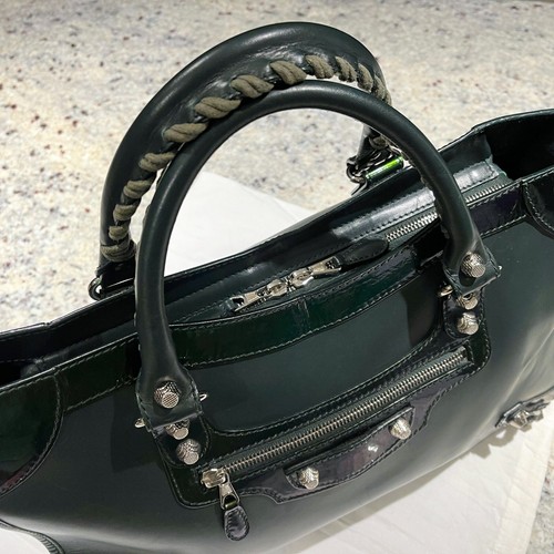 BALENCIAGA Matte Calfskin Patent Giant 12 City Green Silver Satchel Wallet Set - Picture 11 of 23