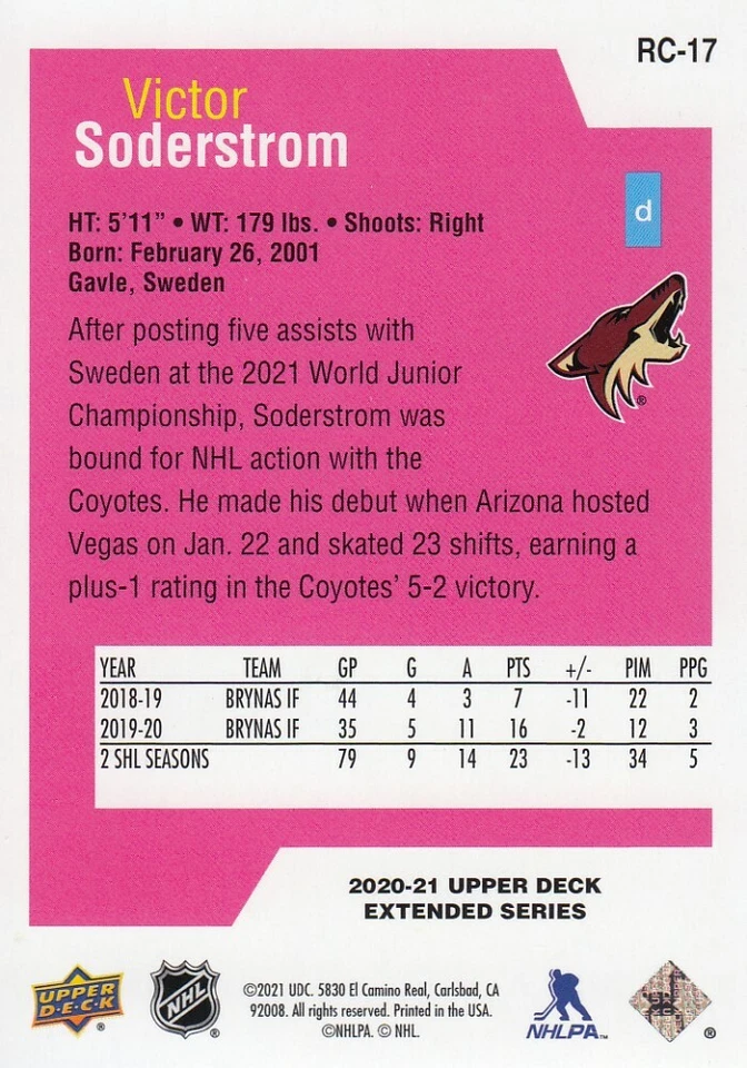 2020-21 Victor Soderstrom UD Extended Series Rookie Class SE Hockey Card #RC-17 - Image 2 of 2