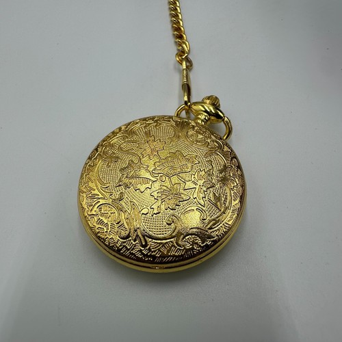 Pocket Watch Men Gold Tone Roman Numerals Black Dial Chain New Battery 45MM - Picture 8 of 9