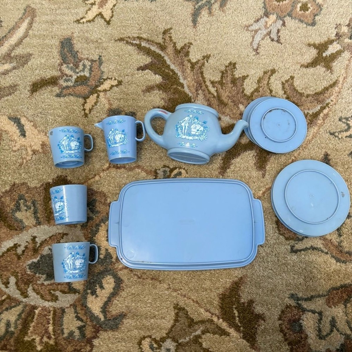 Vintage 90’s Play Tea Set Blue Kids Dishes Plates Victorian White Plastic  Teapot