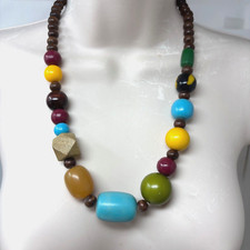 Womens Chunky Statement Necklace Wood Resin Beads Multi Color Shape 21" Plus 3"