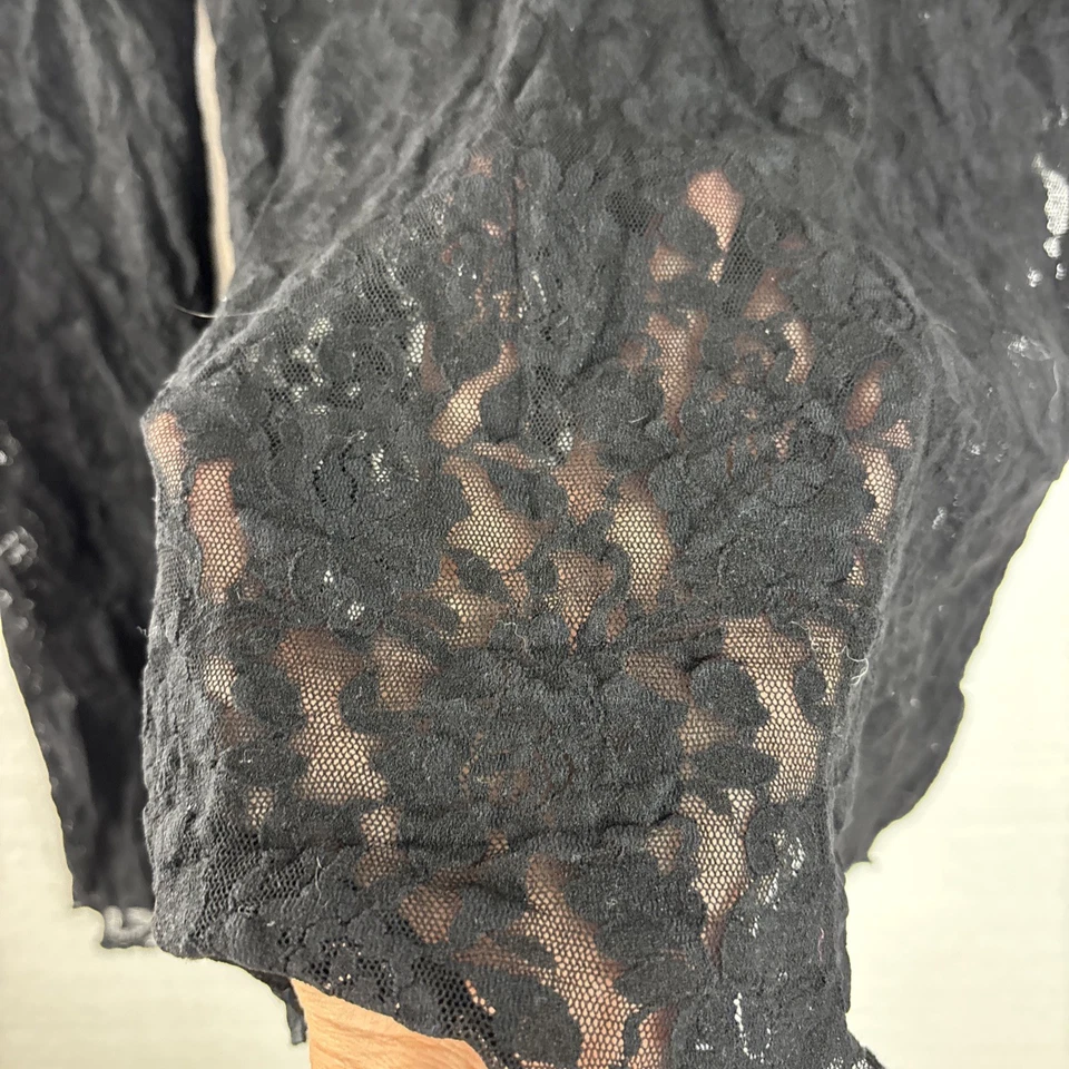 Vintage Hanky Panky Blusa de Renda Preta Feminina Manga Longa Elástica Transparente EUA Gótica - Imagem 3 de 4