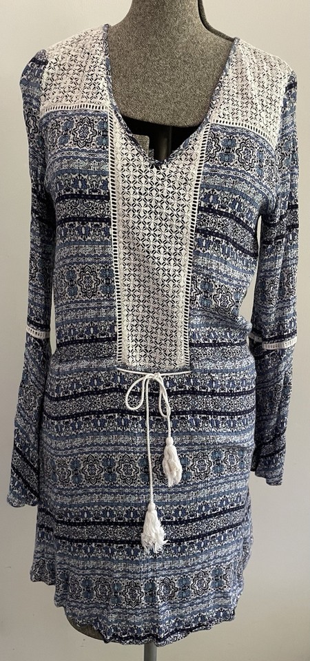 Jeanswest🌹Dress Sz Sm Cottage Boho Mini Tunic Tassel Lace Geo Blue Long A Line