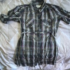  Plaid Shirt Dress Collared Button Pockets Short Sleeve Cotton S