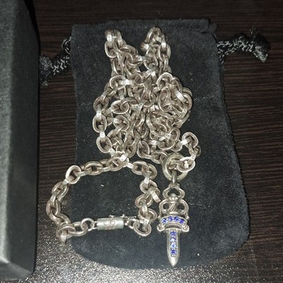 Chrome Hearts 925 Sterling Silver Cable Chain Dagger Charm Blue Sapphire