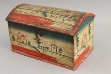 19thC Antique Scandinavian Folk Art Scenic Painted Domed Wood Box, Pin Hinges NR