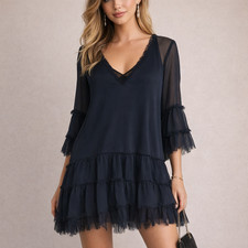 Alice + Olivia Zoey Tiered Ruffle Tunic Dress Black Raw Edge Bell Sleeve Small
