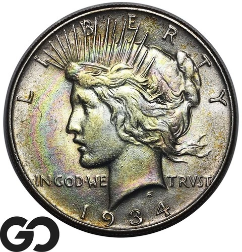 1934 Peace Dollar, Beautiful Rainbow Toner, Choice Gem BU++