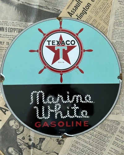 VINTAGE 1961 TEXACO MARINE WHITE GASOLINE 12 INCH PORCELAIN ENAMEL SIGN