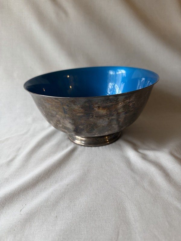 Reed & Barton Silverplate Footed Bowl with Blue Enamel Interior
