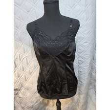 Vassarette Black Sable Lace Trim Camisole Silky Nylon Lingerie Top 17105 L