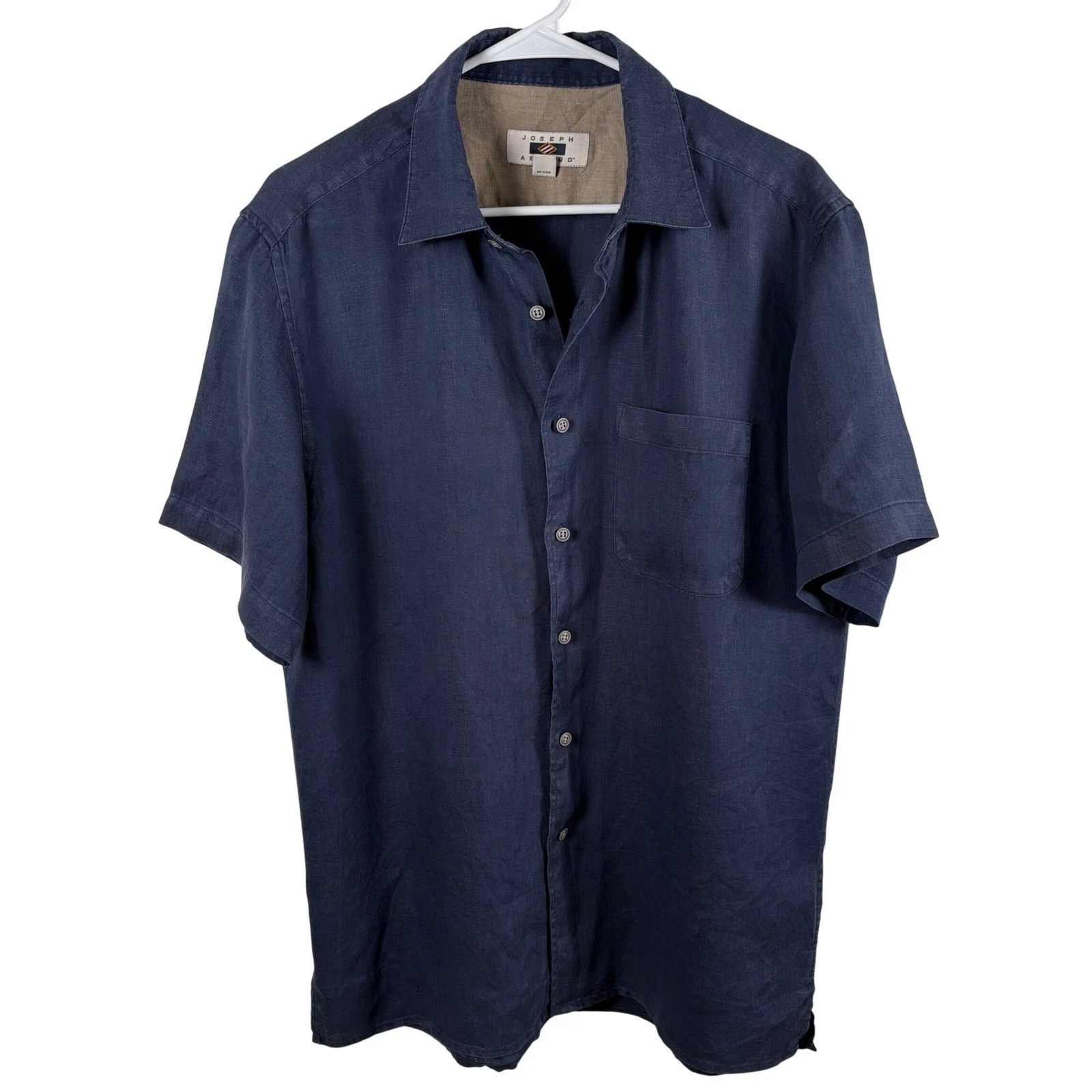 Joseph Abboud 100% Linen Button Down Shirt Mens L Navy Blue Short Sleeve Coastal