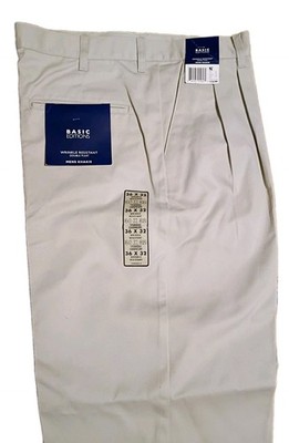 Basic Editions Khakis Pants Mens 36X32 Beige Pleated Wrinkle Resistant Straight