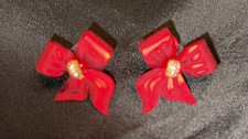 Red Metal Bow Pierced Earrings w Rhinestone on Gold Tone Center Christmas PreOwn