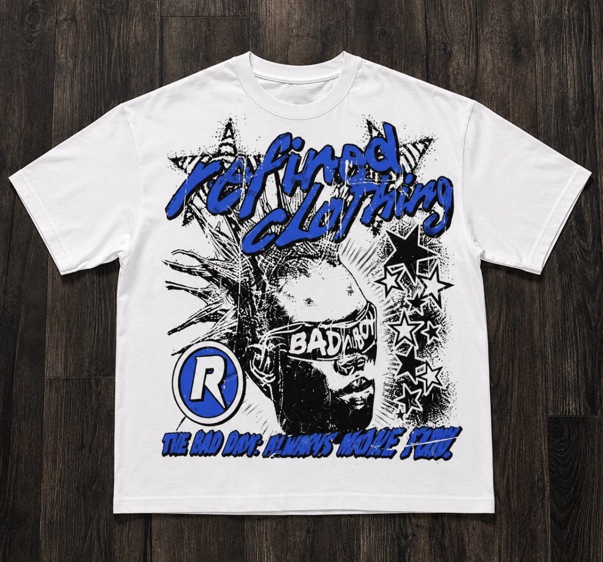 Refined Clothing Graphic T Shirt White Blue Streetwear Y2K Oversized Tee