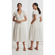 Madewell puff Sleeve Tiered Wrap Midi Dress polka dot embroidered Medium ivory
