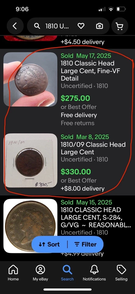 1810 US Classic Head Cent 215 Years Old In F Cond. See eBay image of sold coins. - Image 4 of 4