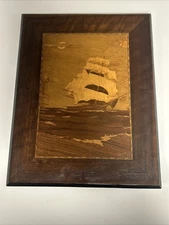 Wood Marquetry Art • Nautical Ship Sailboat Sea Inlaid Vintage Intricate