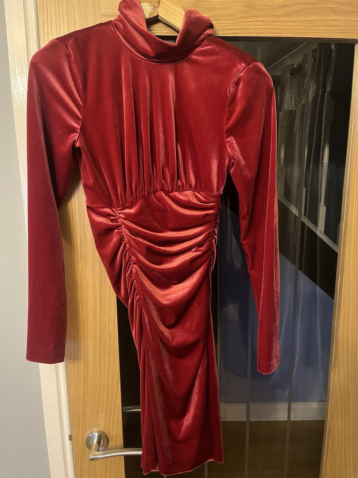 Marciano By Guess Red/Port High Neck Velvet Midi Ruched Dress Size XXS