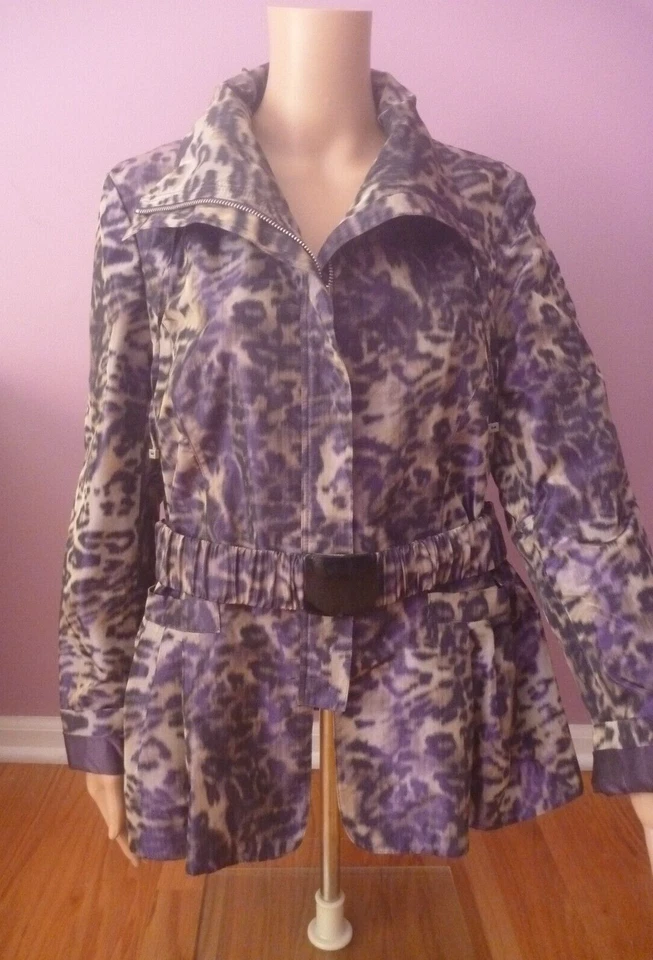 Chaqueta Lafayette 148 Cremallera Estampado Animal Leopardo Púrpura Marrón Cinturón Ajustado 10 M Foto 3 de 4
