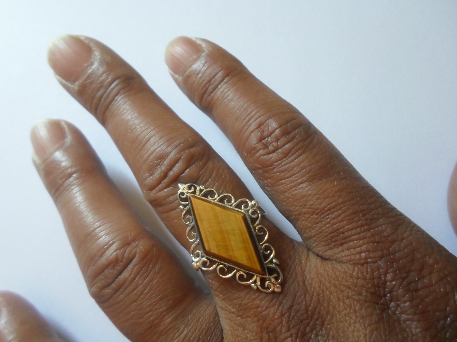 solid silver ring, tiger eye triangle, openwork o… - image 1