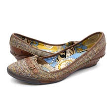 PF Flyers Pumps Womens 8 Low Wedge Brown Fabric Uppers Quill Leather Slip On