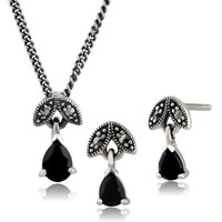 Sterling Silver Sapphire & Marcasite September Birthstone Earring & Necklace Set Sterling Silver Sapphire & Marcasite September Birthstone Earring & Necklace Set