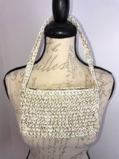 VINTAGE 1960s SPARKLY CROCHET KNIT GOLD METALLIC/WHITE SMALL BAG/PURSE EVENING