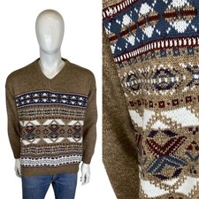 VINTAGE 70s Fairisle Sweater XL V Neck Snowflake Nordic Icelandic Jumper 1970s