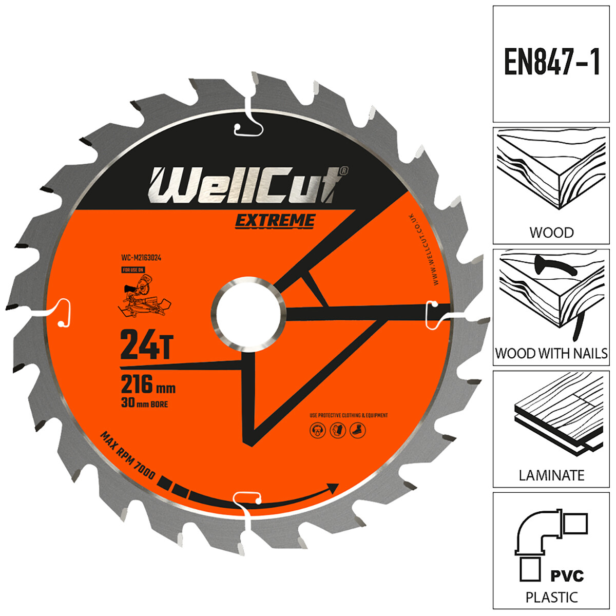 WellCut TCT Wood Saw Blade 216mm x 24T x 30mm For LS0815, DWS777, C8FSR