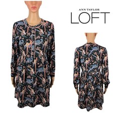 Ann Taylor Loft 4P Petites Snowbird Shirt Dress Peacock Print Long Sleeves Rare