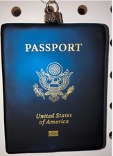New US Passport Christmas Ornament Blown Glass Blue Traveler World Travel Tour 