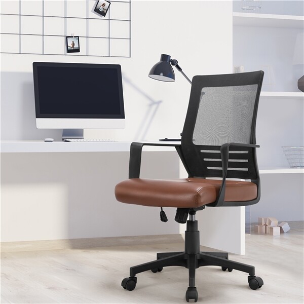 Office Chairs with Leather Seat Mid Back Ergonomic Executive Chair Brown 2PCS
