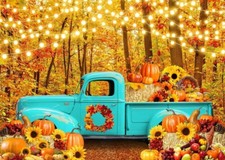 7x5FT Autumn Fall Backdrop Forest Blue Truck Backdrop Harvest Pumpkin Farm