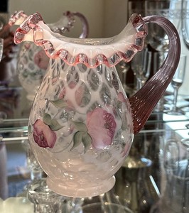 Fenton Pink Crest White Opalescent Diamond Optic Hand Painted Pitcher 7” 1996