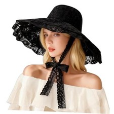 Women Lace Beach Sun Hat Floppy Wide Brim Fishermen Hat Foldable One Size Black