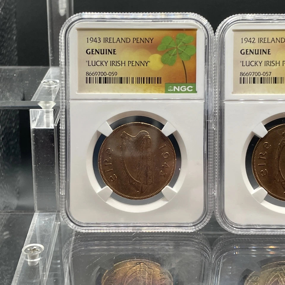 1942 1943 Irlanda Penny Genuino Lucky Irish Penny Juego de tres monedas Certificado NGC Foto 2 de 4